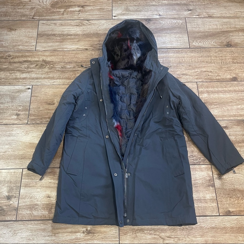 Diane Von Furstenberg Gray Hooded Coat with Multicolor Lining